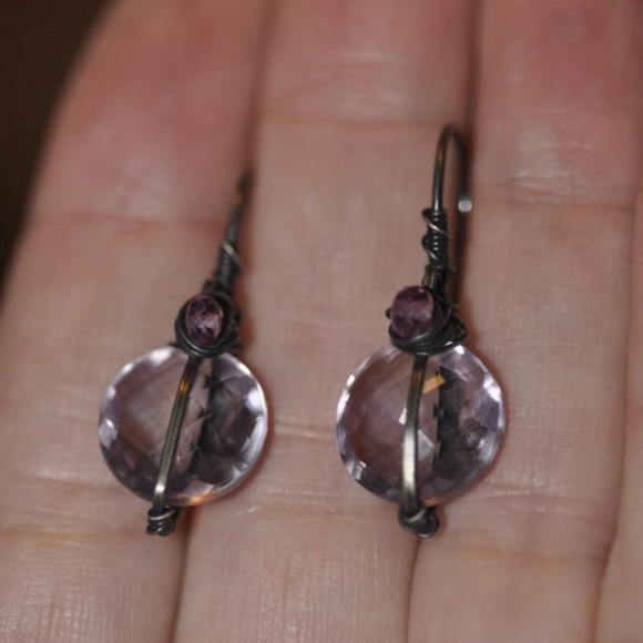 Amethyst & Tourmaline Wire Wrap Earrings - Picture 2 of 2